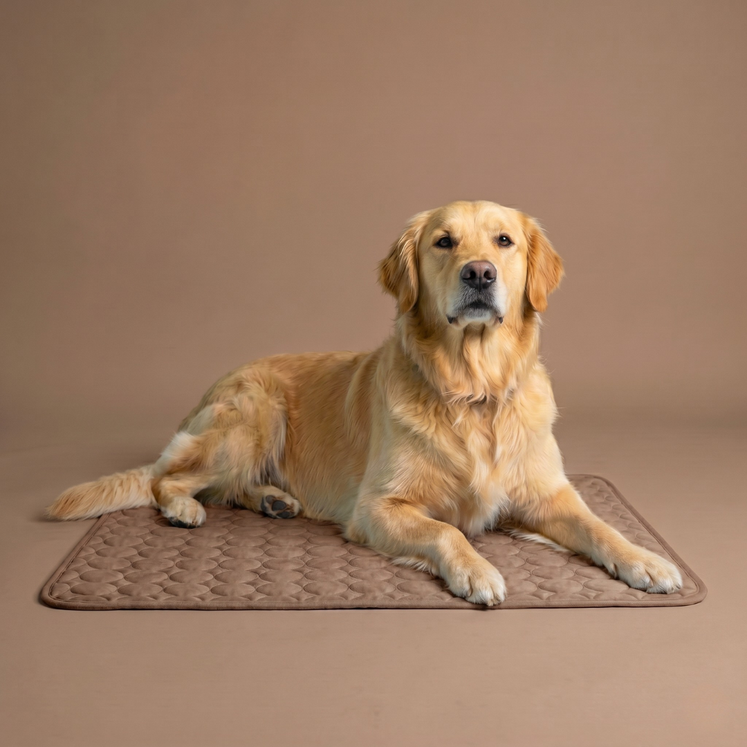 Golden retriever lying on a taupe brown cooling mat against a warm brown studio background