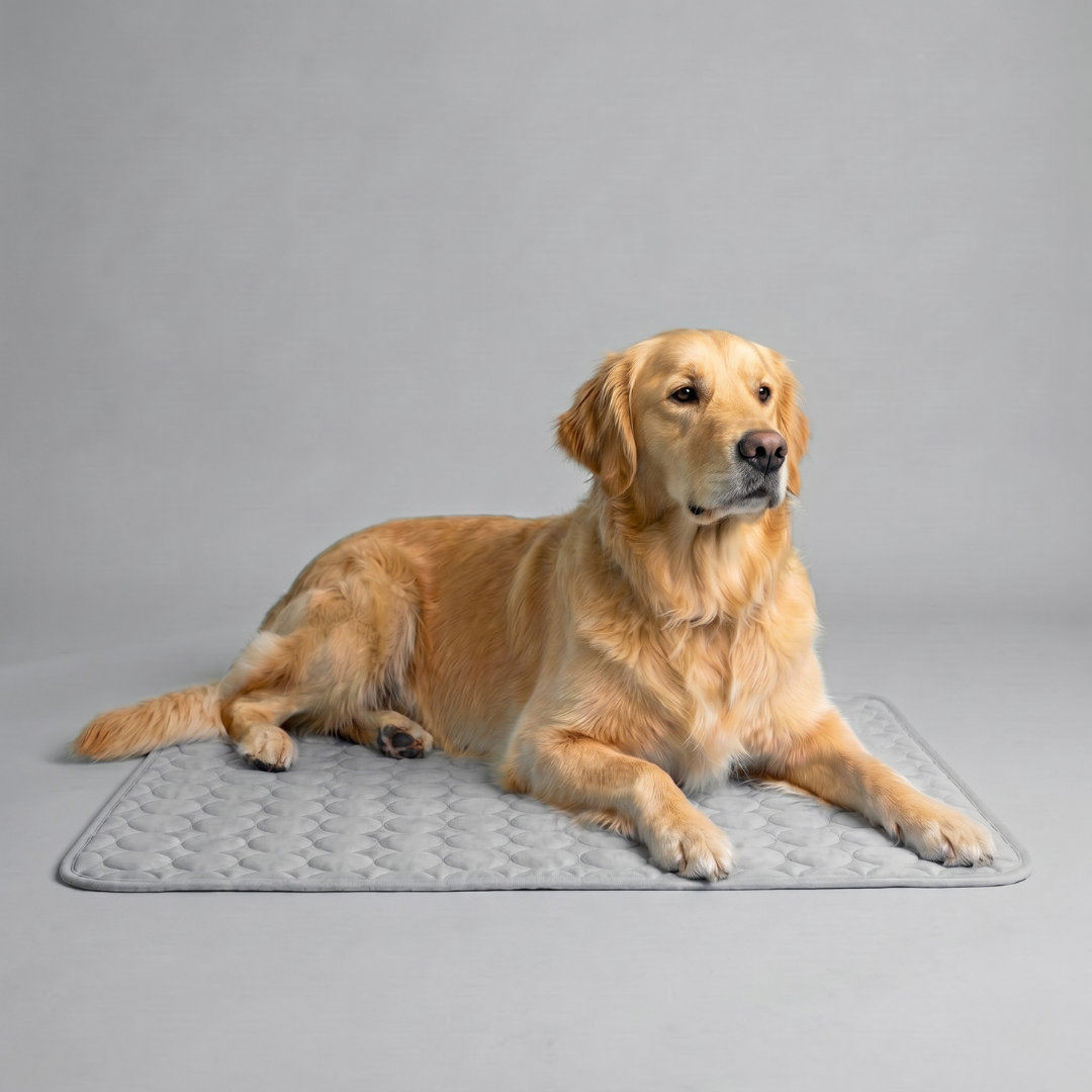 Golden retriever lying on a light grey cooling mat against a grey studio background