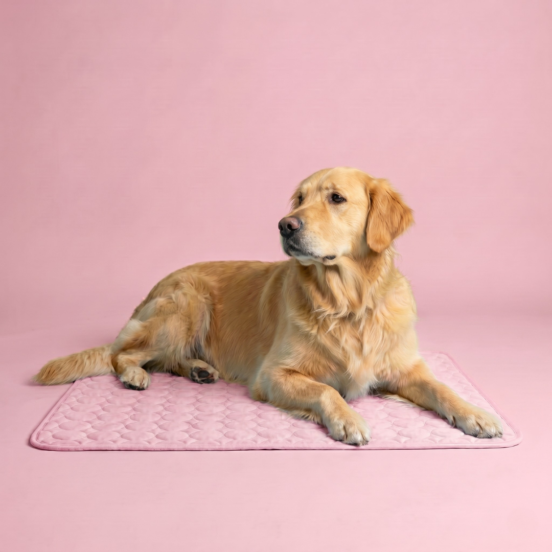 Golden retriever lying on a pink cooling mat against a soft pink studio background