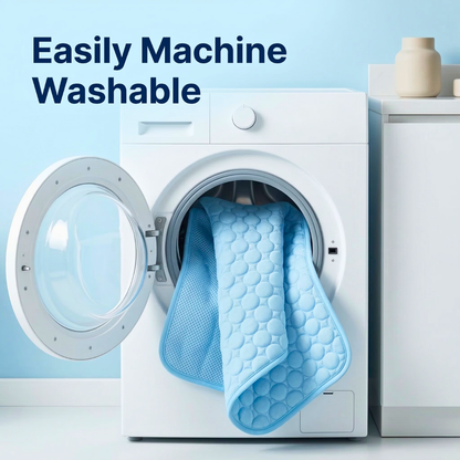 Blue cooling mat coming out of a front loading washing machine to show it is machine washable