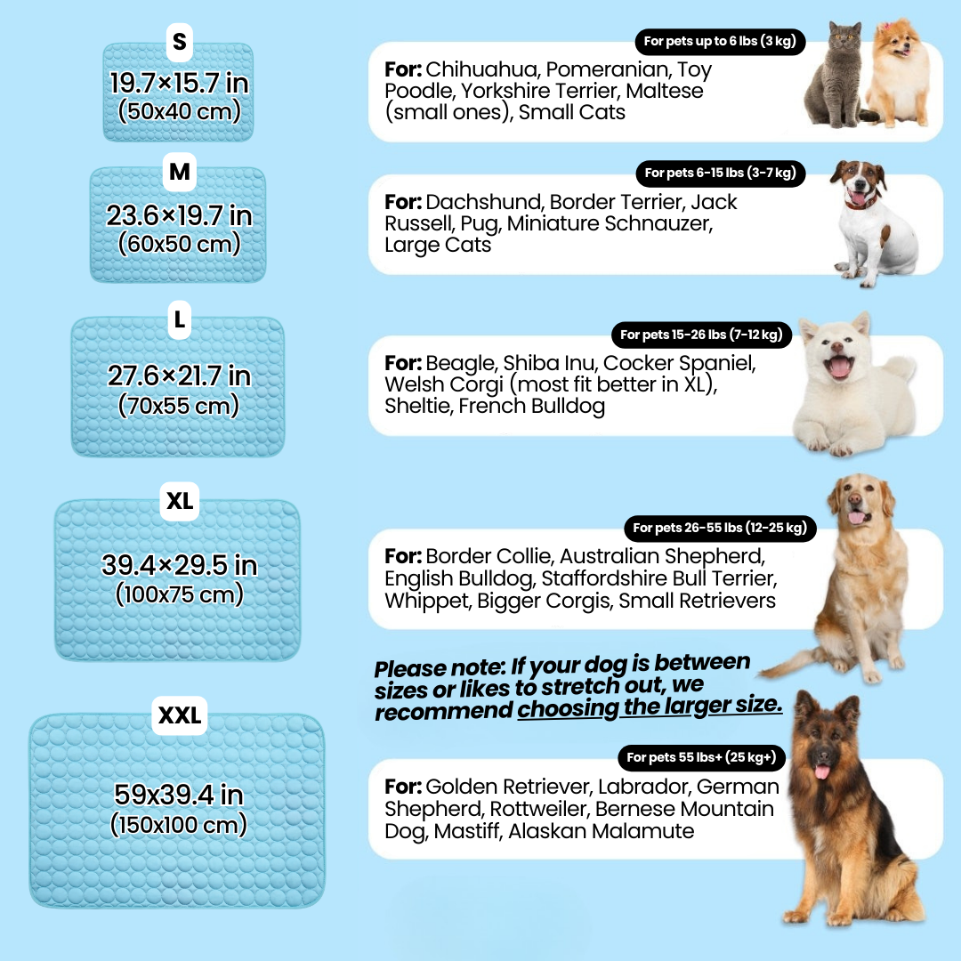 Size chart showing five mat sizes matched to dog breeds and weights from small to extra large