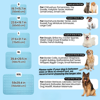 Size chart showing five mat sizes matched to dog breeds and weights from small to extra large