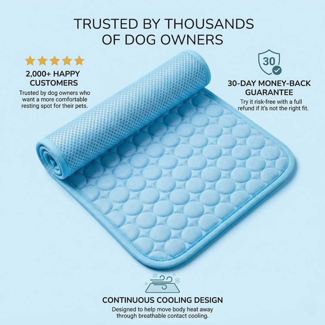 Rolled blue cooling mat with trust badges for happy customers and a thirty day money back guarantee