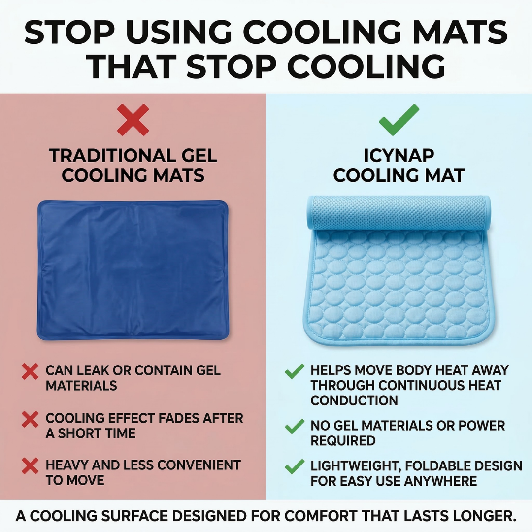 Comparison graphic showing a traditional gel cooling mat versus a blue ice silk cooling mat