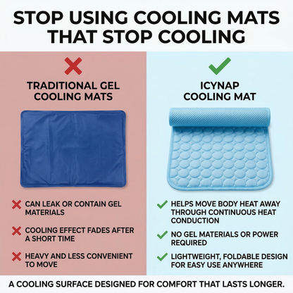 Comparison graphic showing a traditional gel cooling mat versus a blue ice silk cooling mat
