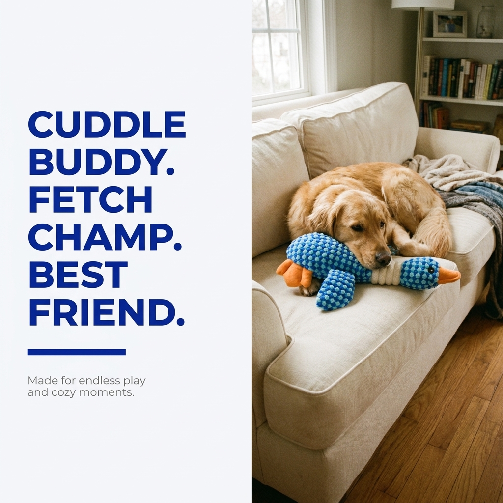 Dog cuddling with a blue checkered plush duck toy while lying on a couch cushion.