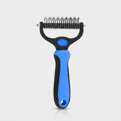Blue and black dual-sided dog deshedding brush and comb standing upright on a white background, showing the stainless steel dematting blades and ergonomic handle.