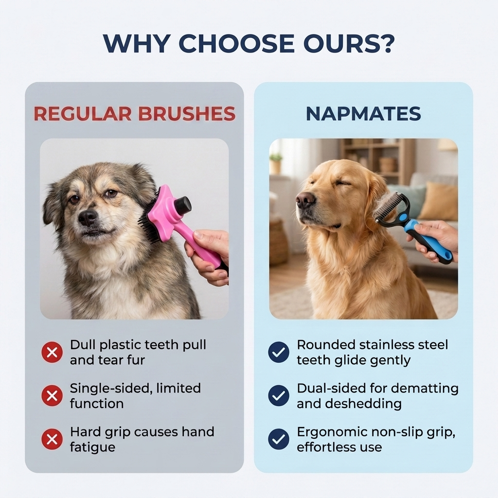 Comparison graphic titled Why Choose Ours contrasting a pink single-sided regular brush with the blue dual-sided deshedding brush being used gently on a golden retriever.