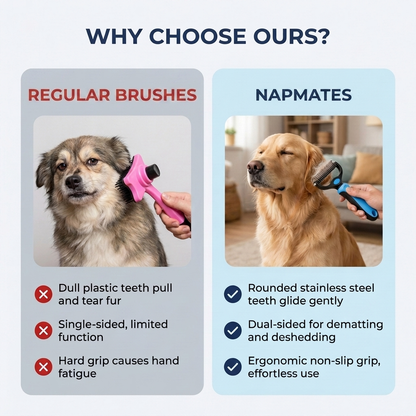 Comparison graphic titled Why Choose Ours contrasting a pink single-sided regular brush with the blue dual-sided deshedding brush being used gently on a golden retriever.