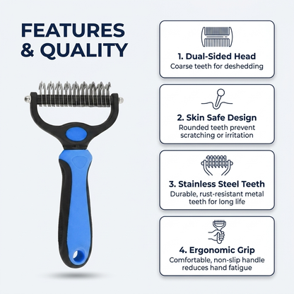 Features and quality infographic for the blue deshedding brush highlighting its dual-sided head, skin-safe rounded teeth, stainless steel teeth, and ergonomic grip.