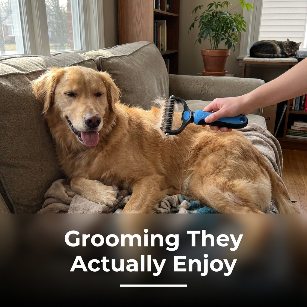 Golden retriever relaxing on a couch while being groomed with the blue deshedding brush, with the caption Grooming They Actually Enjoy.