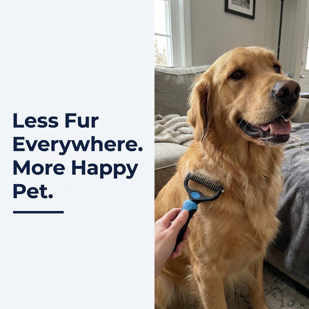 Golden retriever sitting calmly while being brushed with the blue deshedding comb, next to text reading Less Fur Everywhere. More Happy Pet.