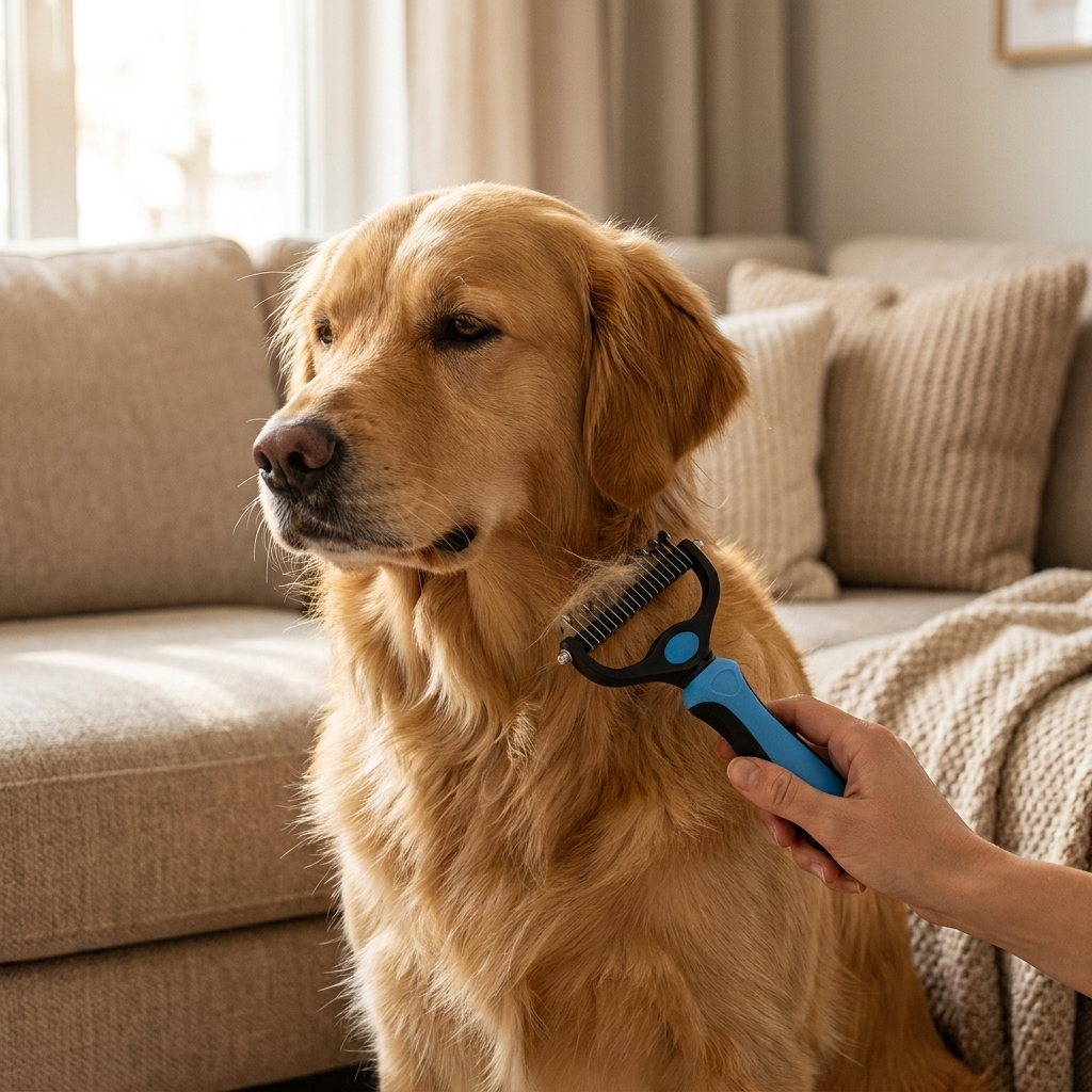 Golden retriever sitting in a sunlit living room while a person grooms its neck with the blue deshedding brush and comb.