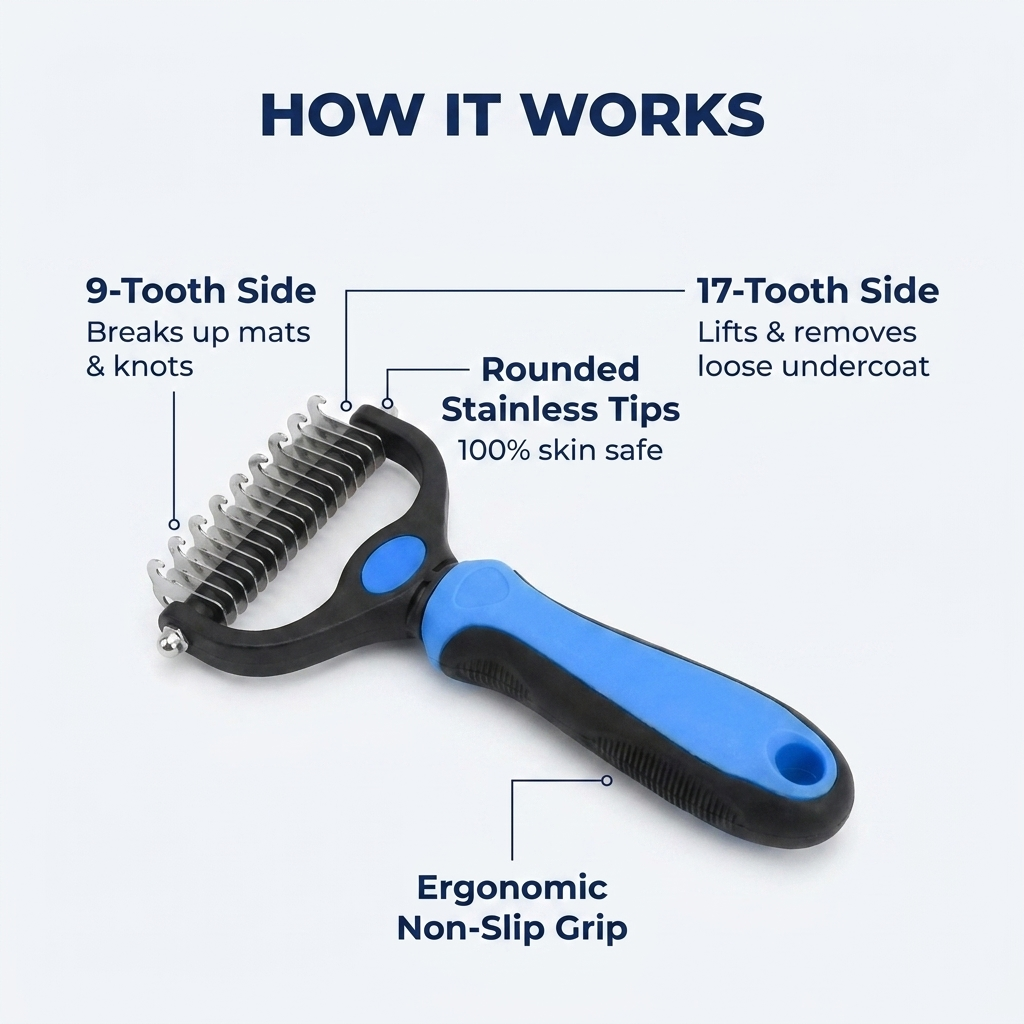 How It Works diagram of the blue deshedding brush labeling the 9-tooth mat-breaking side, 17-tooth undercoat side, rounded stainless tips, and ergonomic non-slip grip.