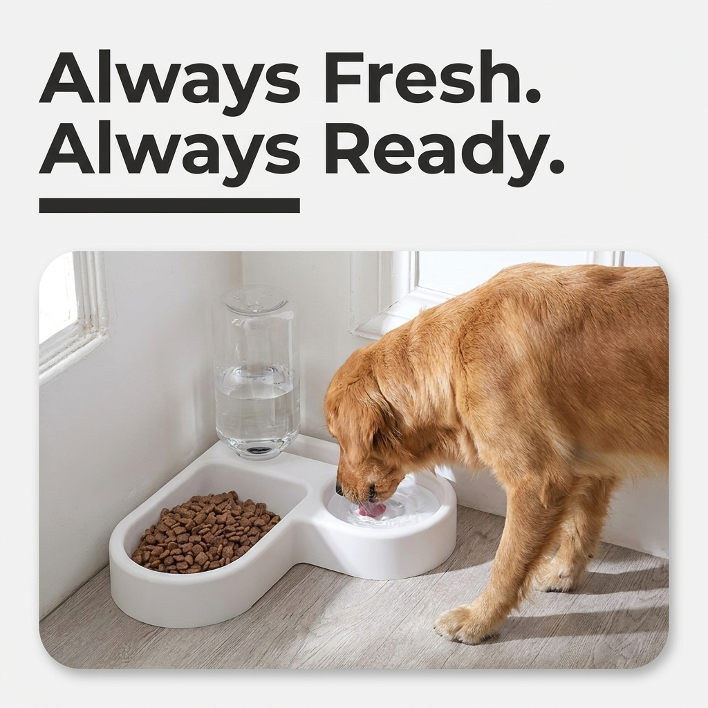A golden retriever drinks water from the double bowl feeder set on the floor.