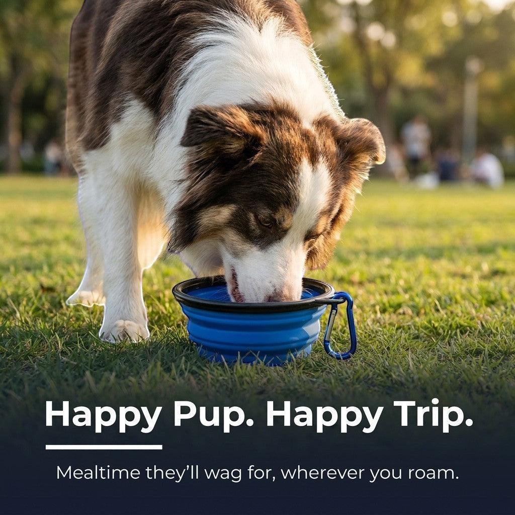 A dog drinks water from a blue collapsible travel bowl set on the grass during an outdoor walk.