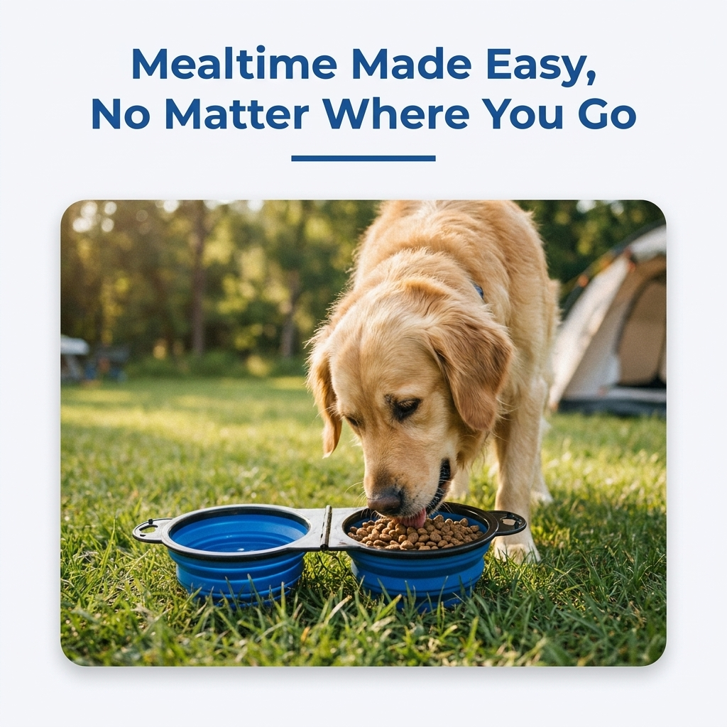 A golden retriever eats and drinks from a blue foldable dual bowl on a forest trail.