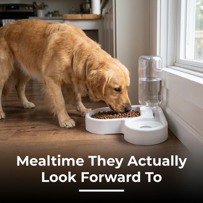 A golden retriever eats kibble from a double bowl feeder beside a sunny window.