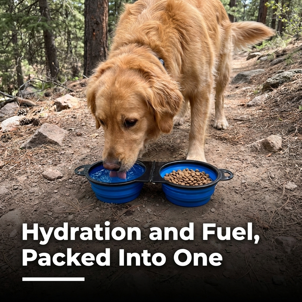 A golden retriever eats from a blue foldable dual bowl set up outside a tent while camping.