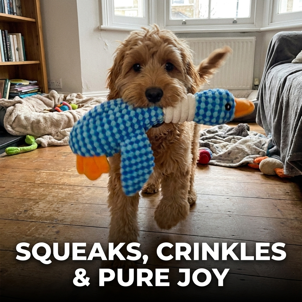 Curly-haired dog holding a blue checkered plush duck toy in its mouth indoors.