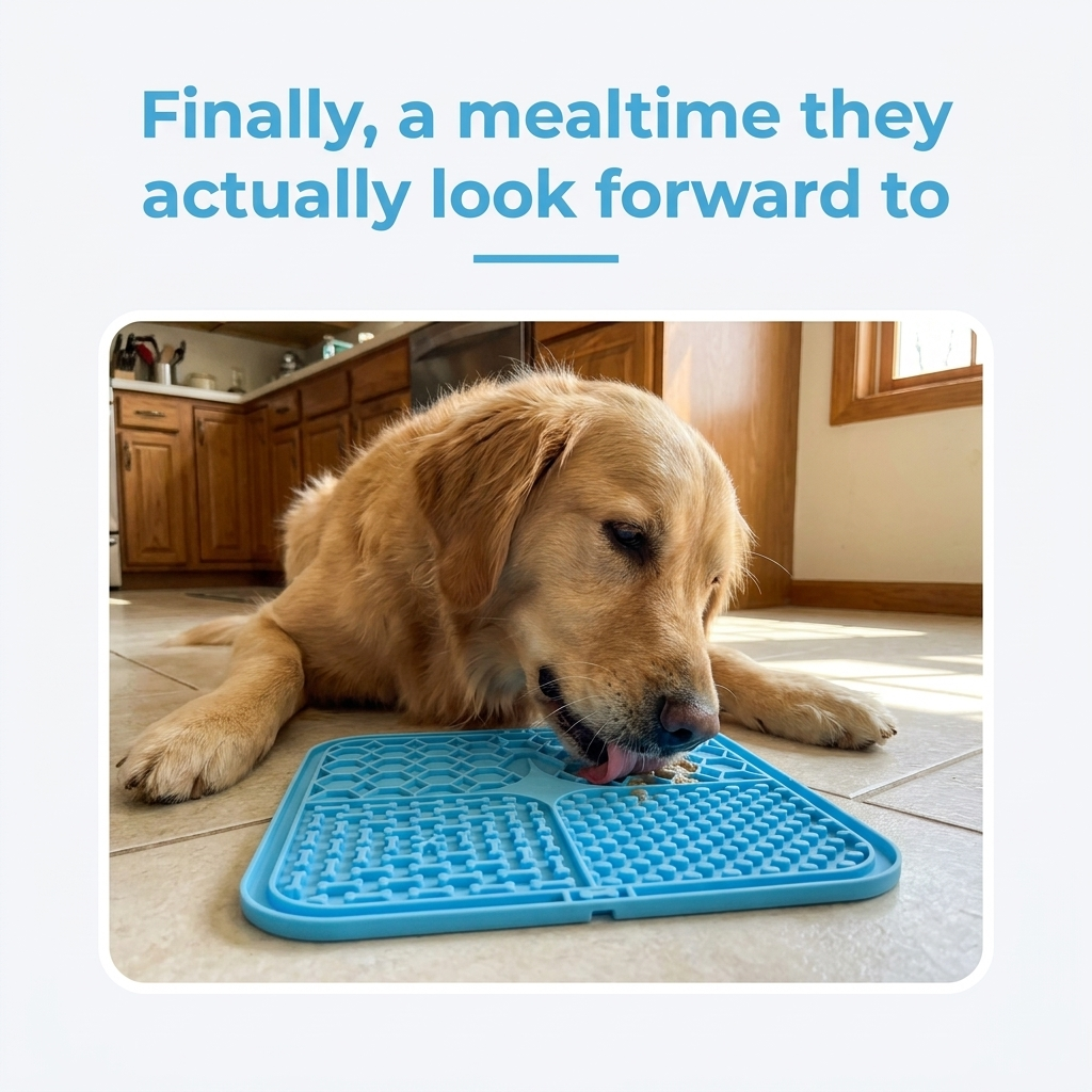 Golden retriever lying on a kitchen floor licking a blue silicone lick mat, with the caption Finally, a mealtime they actually look forward to.