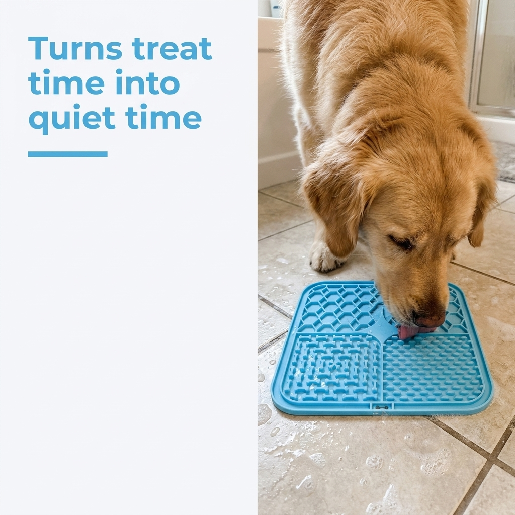 Golden retriever licking a blue silicone lick mat on a wet bathroom tile floor, with the caption Turns treat time into quiet time.