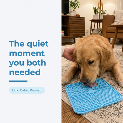 Golden retriever being petted while licking a blue silicone lick mat on a rug, with the caption The quiet moment you both needed and Lick. Calm. Repeat.