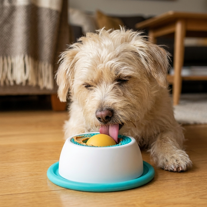 Scruffy cream-colored dog licking the blue slow feeder puzzle toy on a wood floor in a cozy living room.