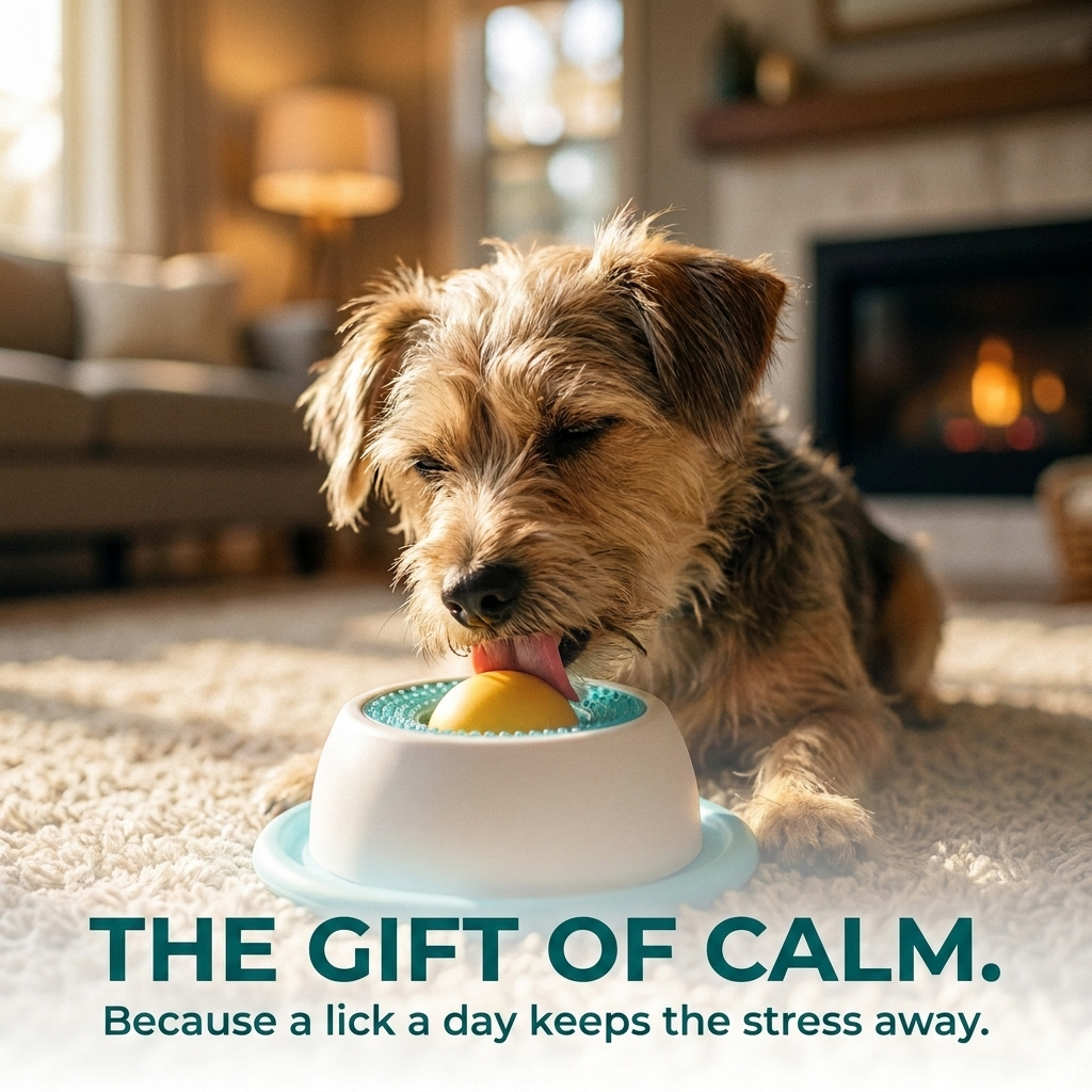 Terrier licking the blue slow feeder toy on a cream rug beside a fireplace, with the text The Gift of Calm, because a lick a day keeps the stress away.