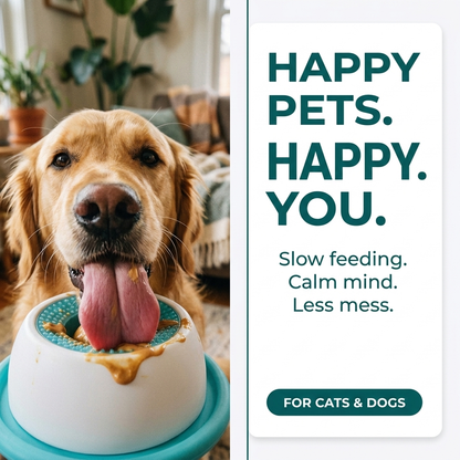 Golden retriever licking spread food from the blue slow feeder toy next to text reading Happy Pets. Happy You. Slow feeding, calm mind, less mess, for cats and dogs.