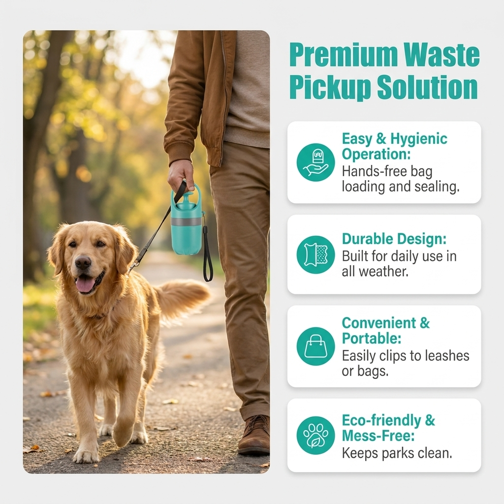 Infographic titled Premium Waste Pickup Solution showing a person walking a golden retriever with the mint green scooper clipped to the leash, alongside feature points for hygienic operation, durable design, portability, and mess-free eco-friendly use.