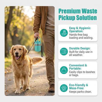 Infographic titled Premium Waste Pickup Solution showing a person walking a golden retriever with the mint green scooper clipped to the leash, alongside feature points for hygienic operation, durable design, portability, and mess-free eco-friendly use.