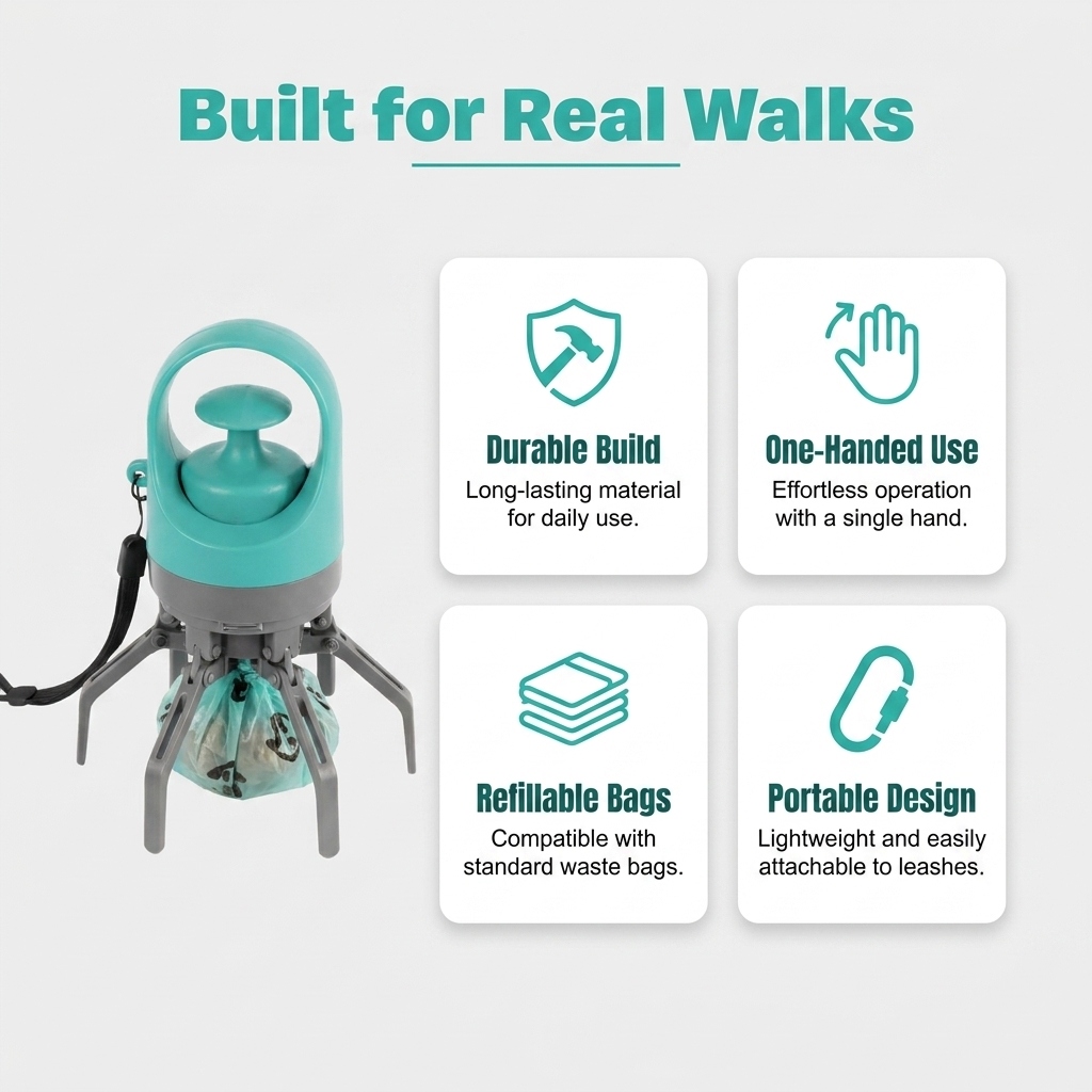 Feature callout infographic titled Built for Real Walks showing the mint green scooper with icons for durable build, one-handed use, refillable bags, and portable design.