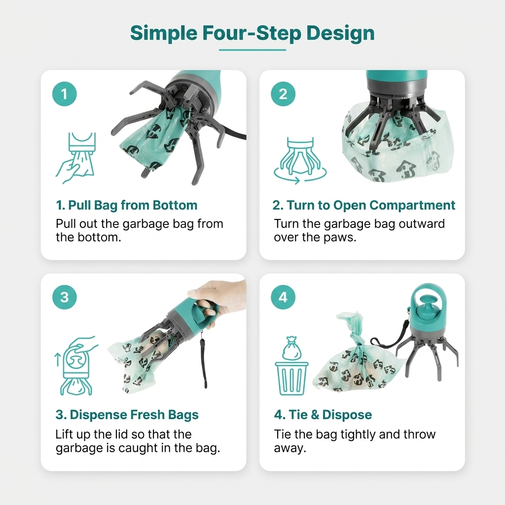 How-it-works infographic titled Simple Four-Step Design showing how to pull the bag from the bottom, turn it to open the compartment, dispense fresh bags, and tie and dispose of the waste.