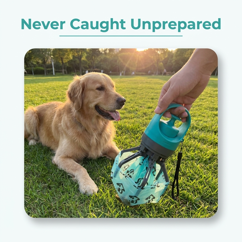 Lifestyle image with the text Never Caught Unprepared showing a hand holding the mint green six-claw poop scooper in a sunlit grass field beside a resting golden retriever.
