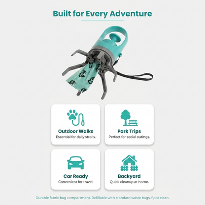 Use-case infographic titled Built for Every Adventure showing the angled mint green six-claw scooper with icons for outdoor walks, park trips, car ready travel, and backyard cleanup.