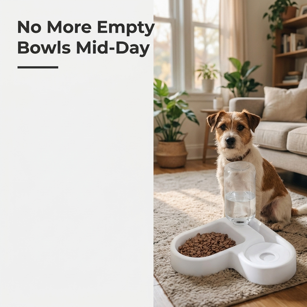 A small terrier sits beside the double bowl feeder filled with fresh water and kibble in a living room.