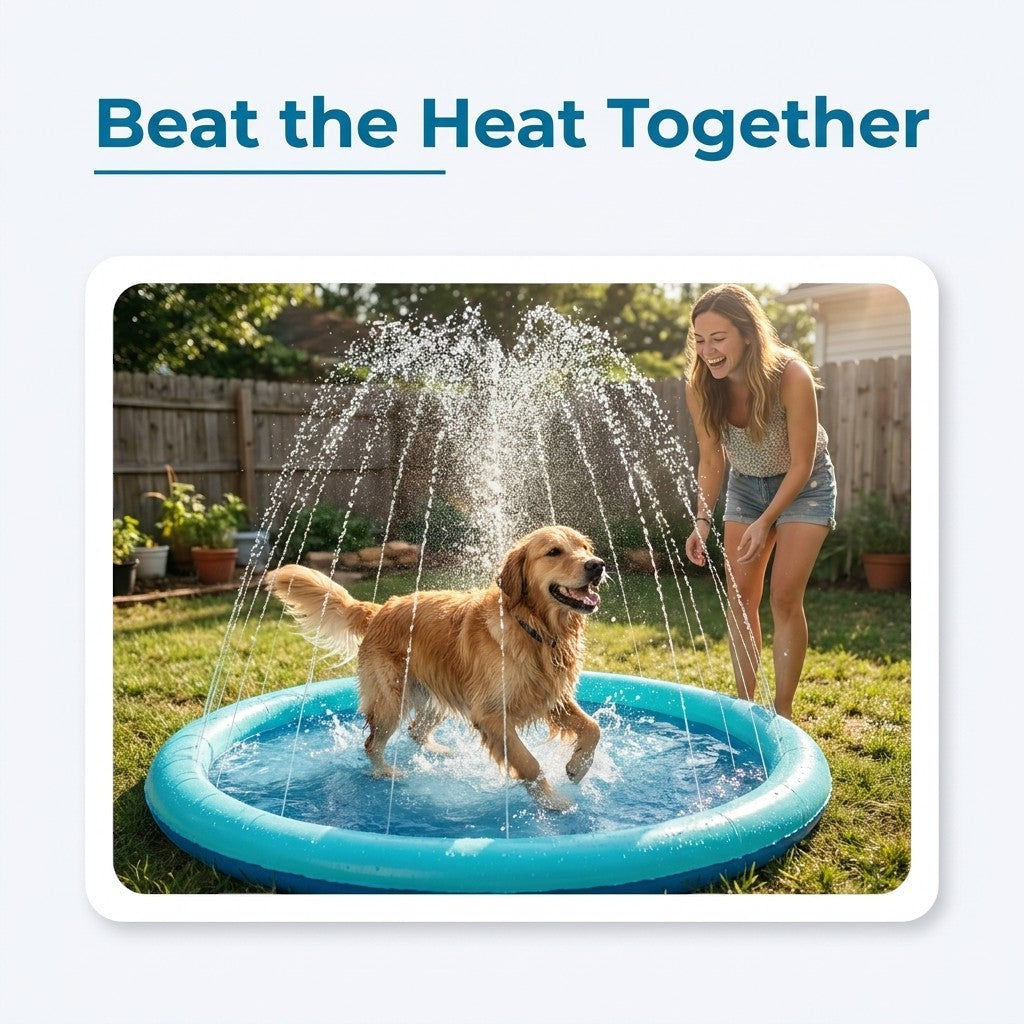 Navy blue dog splash pad sprinkler mat with a golden retriever playing in a backyard with a woman