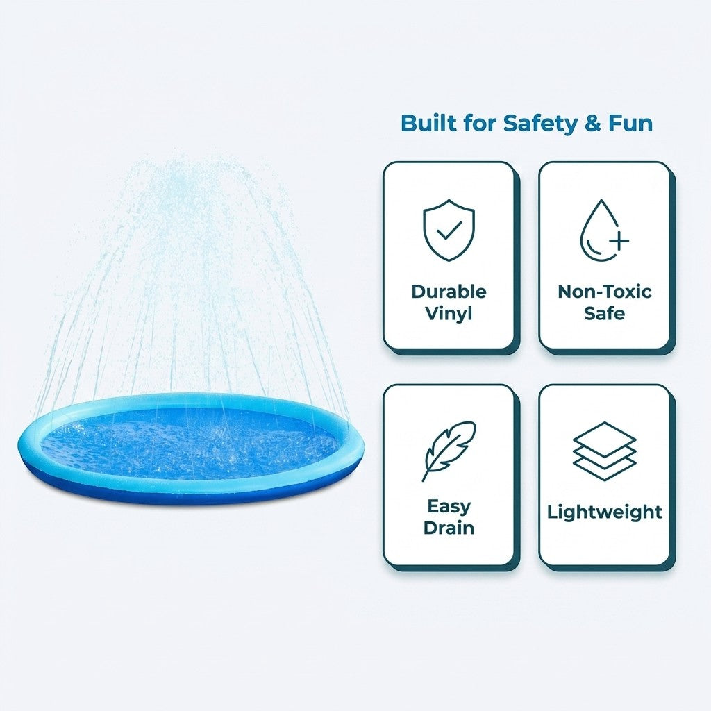 Navy blue dog splash pad sprinkler mat with water spraying upwards and icons highlighting product features
