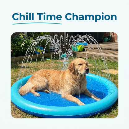 Navy blue dog splash pad sprinkler mat with a golden retriever relaxing in the water on a sunny lawn