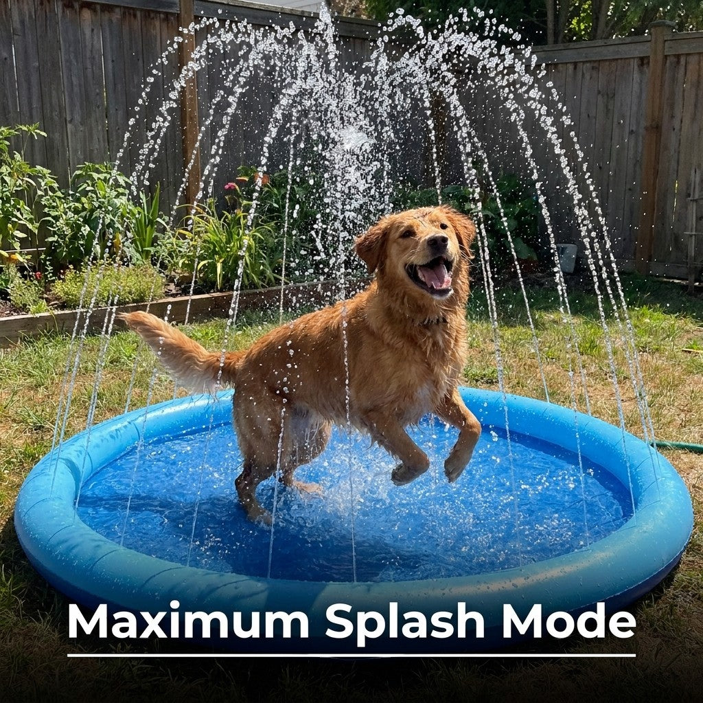 Navy blue dog splash pad sprinkler mat with a golden retriever playing in water jets in a backyard