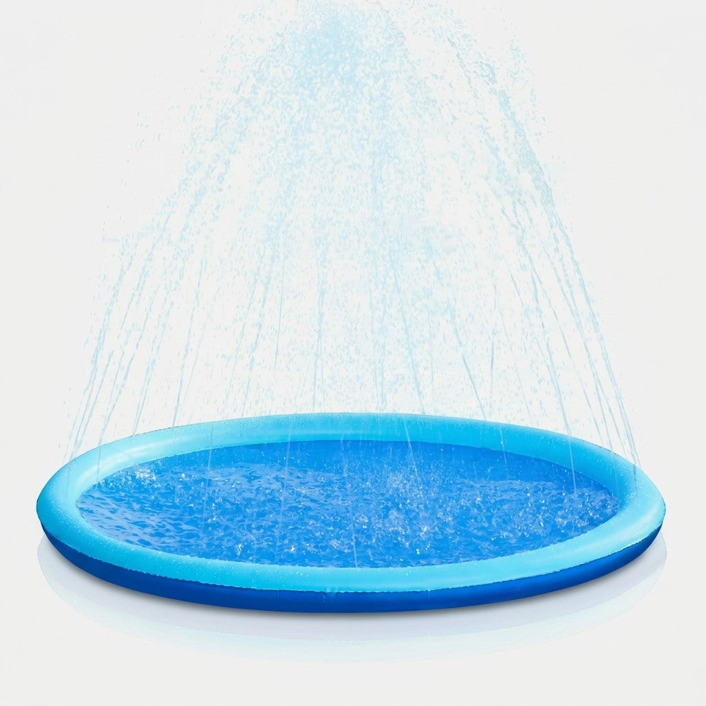 Navy blue PVC dog splash pad sprinkler mat with water spraying upwards for outdoor summer play
