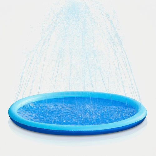 Navy blue PVC dog splash pad sprinkler mat with water spraying upwards for outdoor summer play