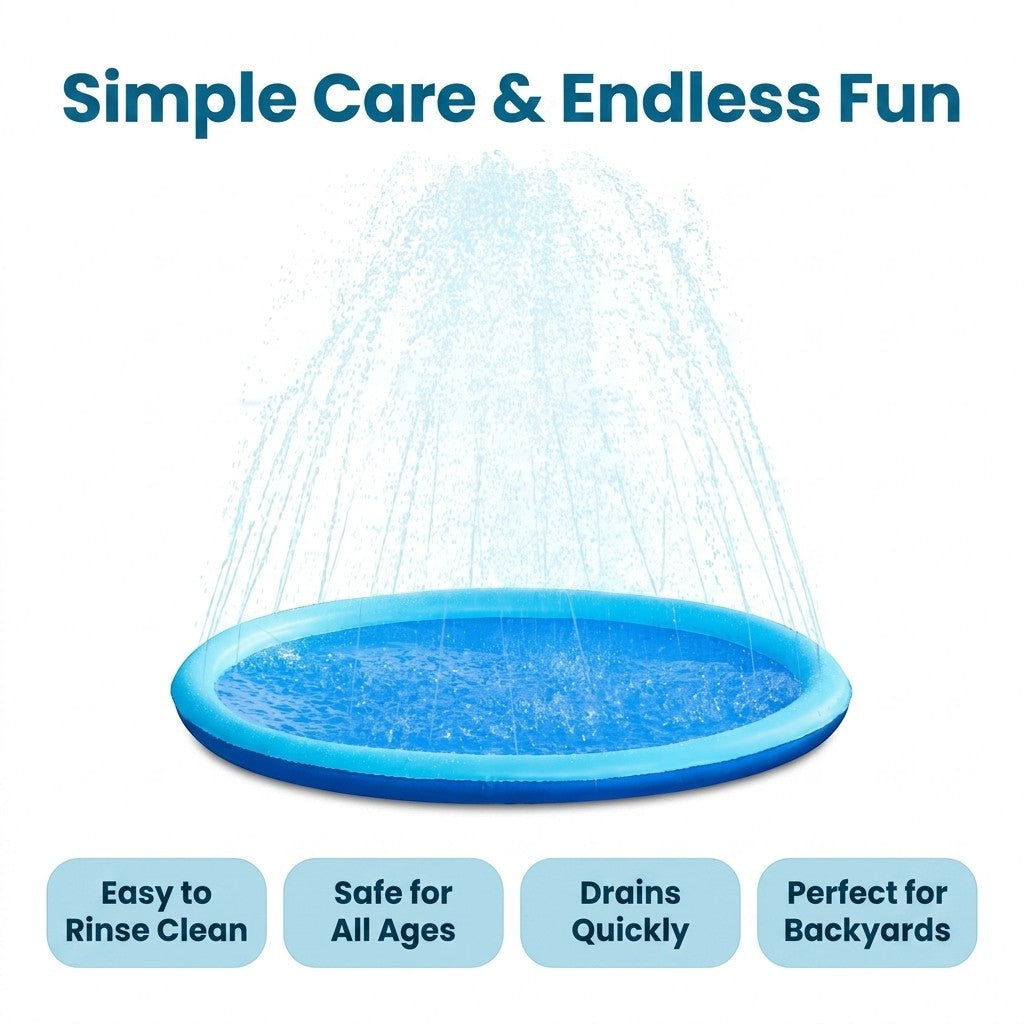 Navy blue dog splash pad sprinkler mat with water spraying upwards for outdoor summer play