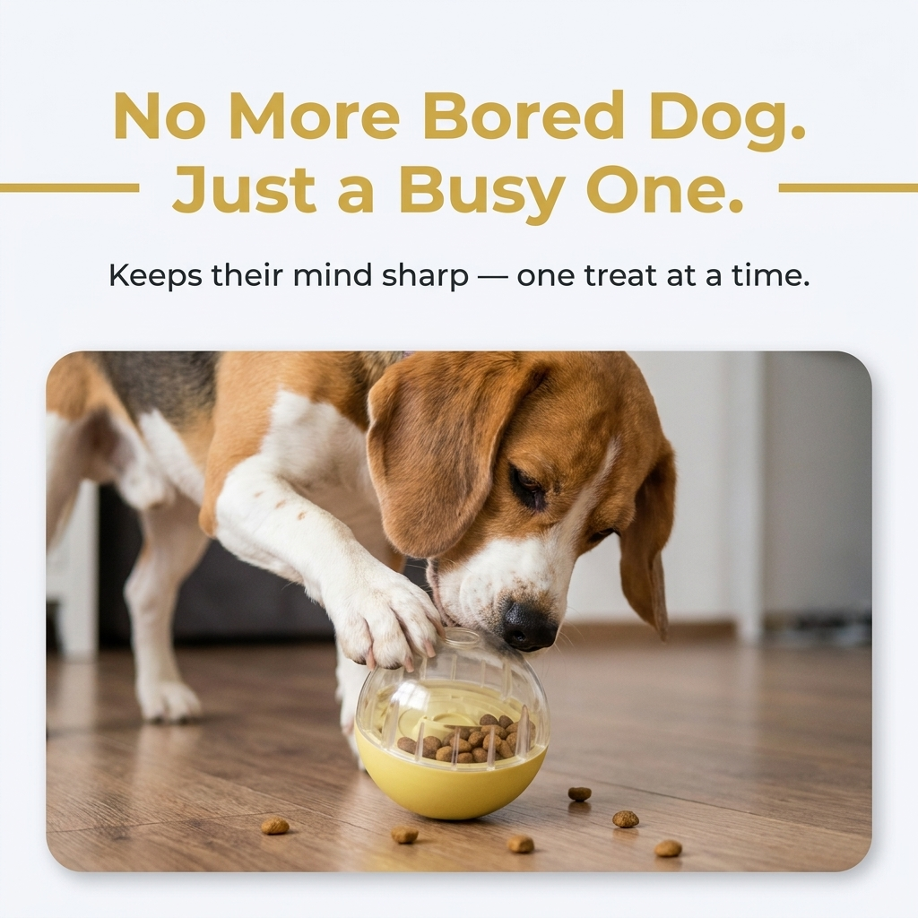 Lifestyle infographic titled No More Bored Dog, showing a beagle nudging the yellow treat dispenser ball as kibble spills onto a wood floor.
