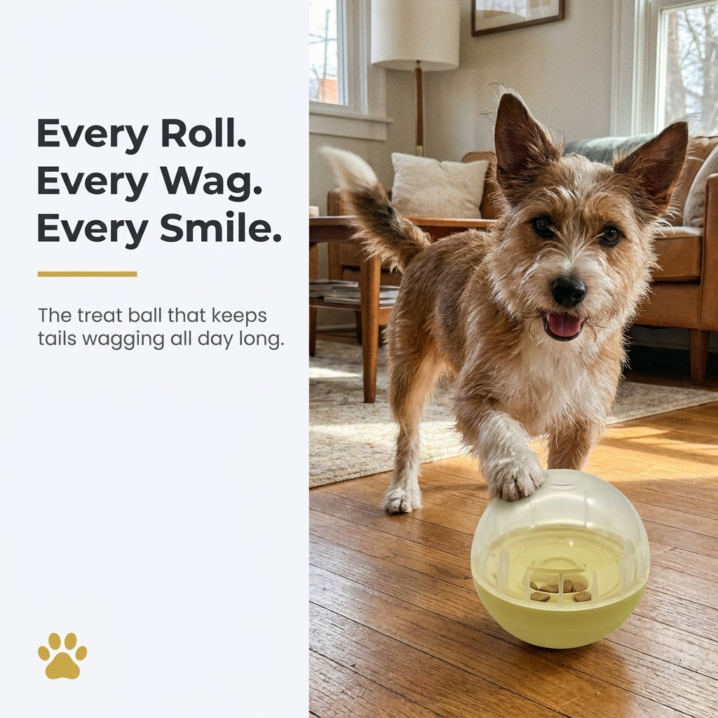 Lifestyle infographic titled Every Roll Every Wag Every Smile, showing a happy terrier trotting toward the treat dispenser ball on a wood floor.
