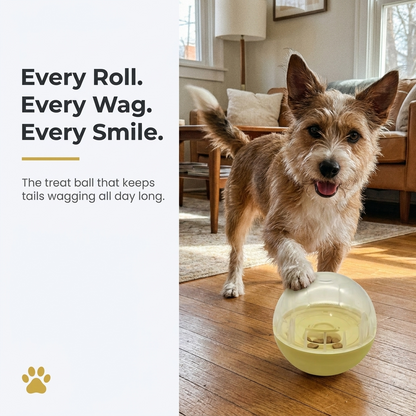 Lifestyle infographic titled Every Roll Every Wag Every Smile, showing a happy terrier trotting toward the treat dispenser ball on a wood floor.