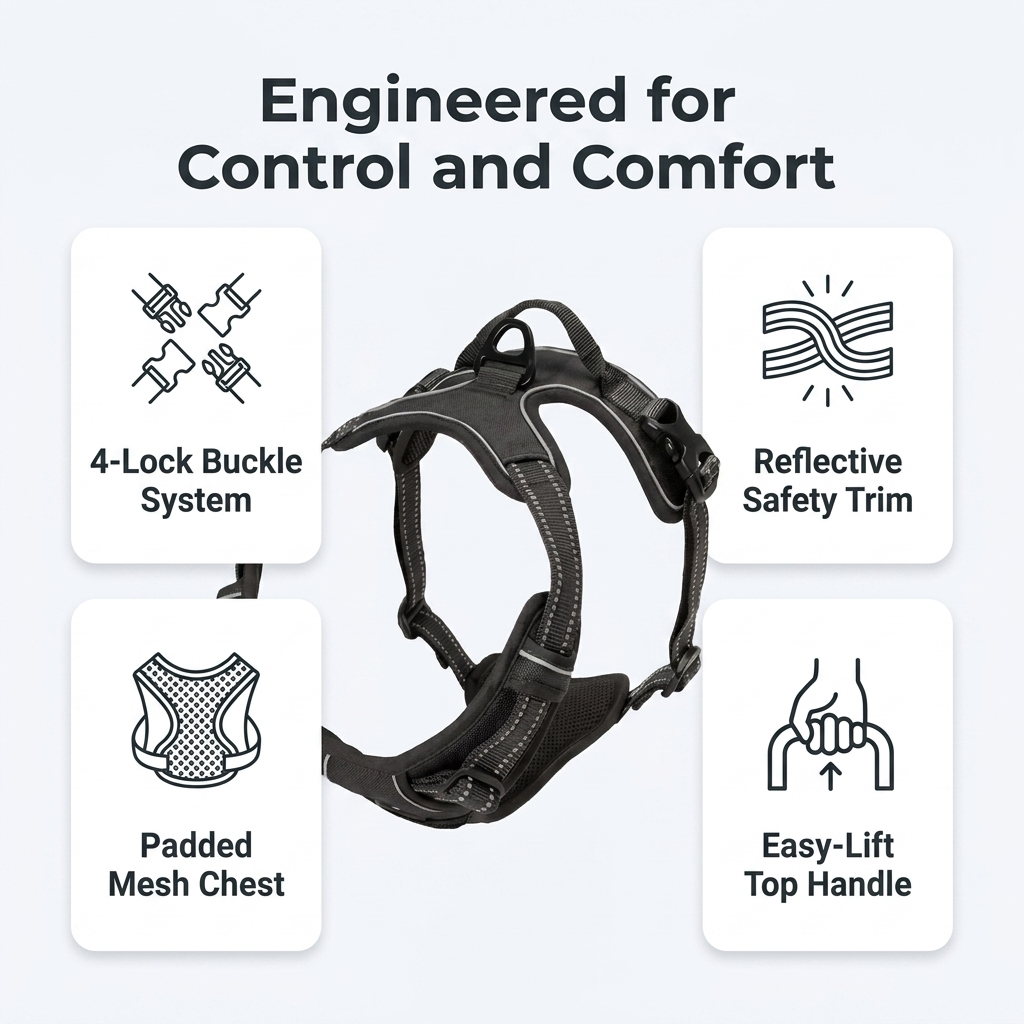 Infographic highlighting the dog harness's four-lock buckle system, reflective trim, padded mesh chest, and easy-lift top handle.