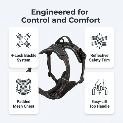 Infographic highlighting the dog harness's four-lock buckle system, reflective trim, padded mesh chest, and easy-lift top handle.