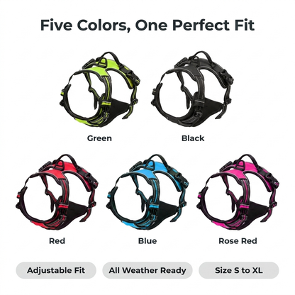 Infographic displaying the dog vest harness in five color options: green, black, red, blue, and rose red.